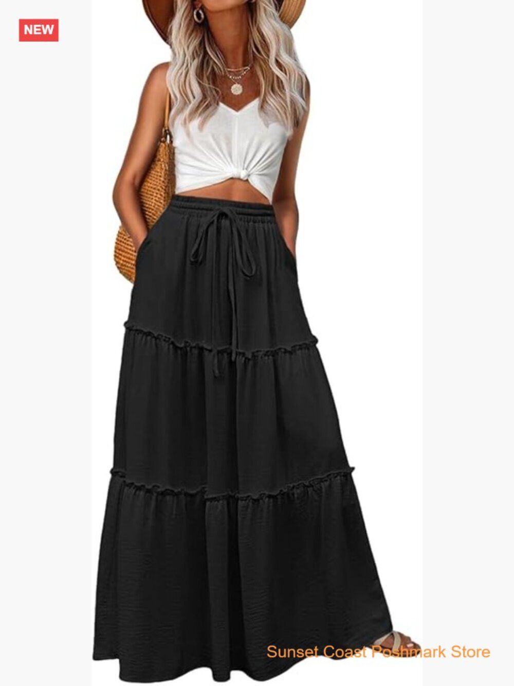 Women's Boho High Waisted Flowy Maxi Skirt Tiered Ruffle Long Skirt with